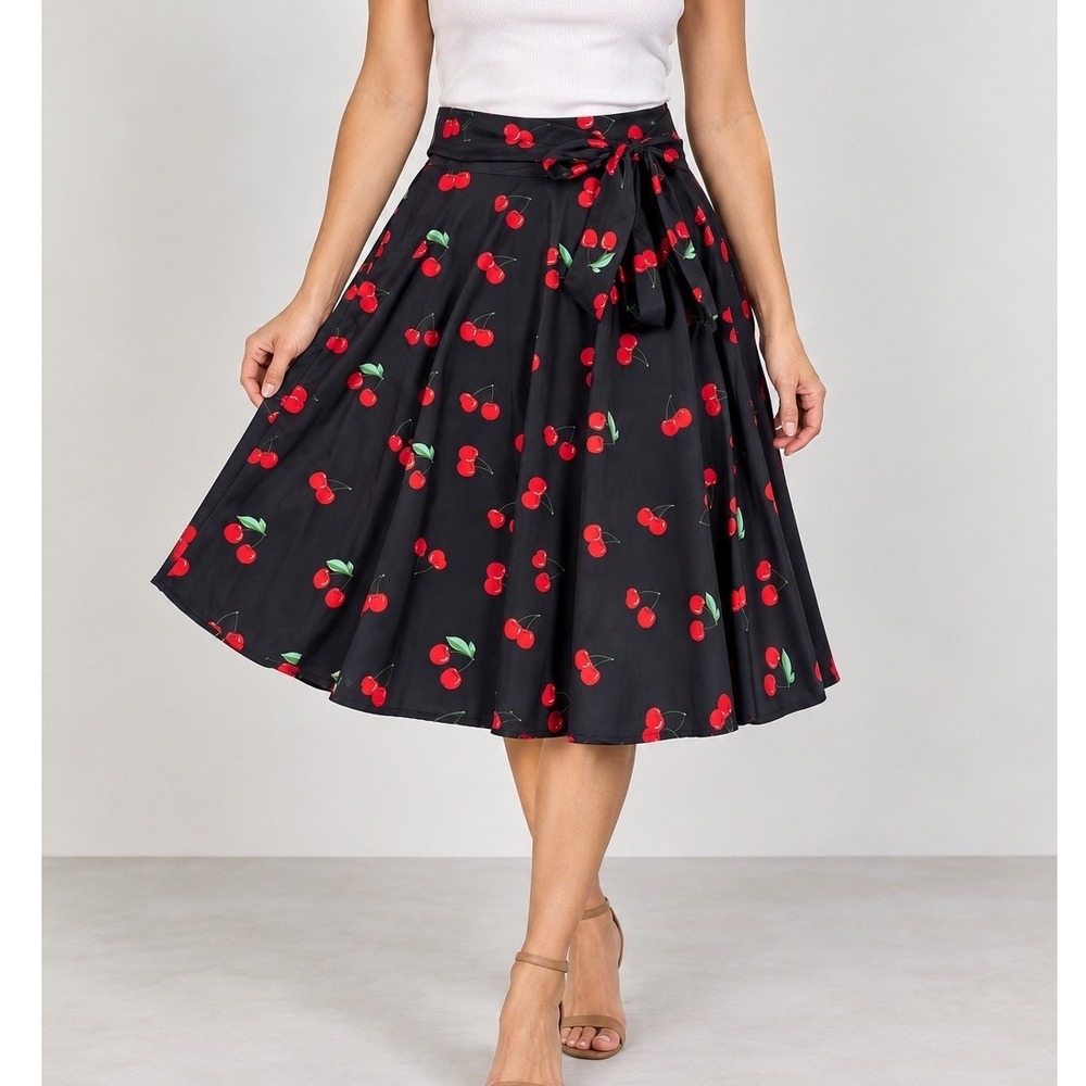 Belle Poque Black Cherry Print A-Line Swing Skirt Rockabilly Pin Up Size Large